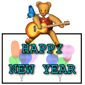 Teddy bearplaying guitar animation sitting on Happy New Year sign